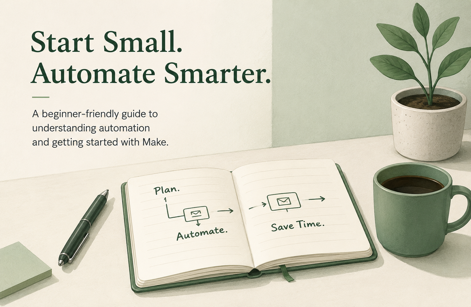 Illustration of a notebook with automation flow diagrams, a coffee cup, and a workspace representing a beginner’s journey into workflow automation and digital systems.