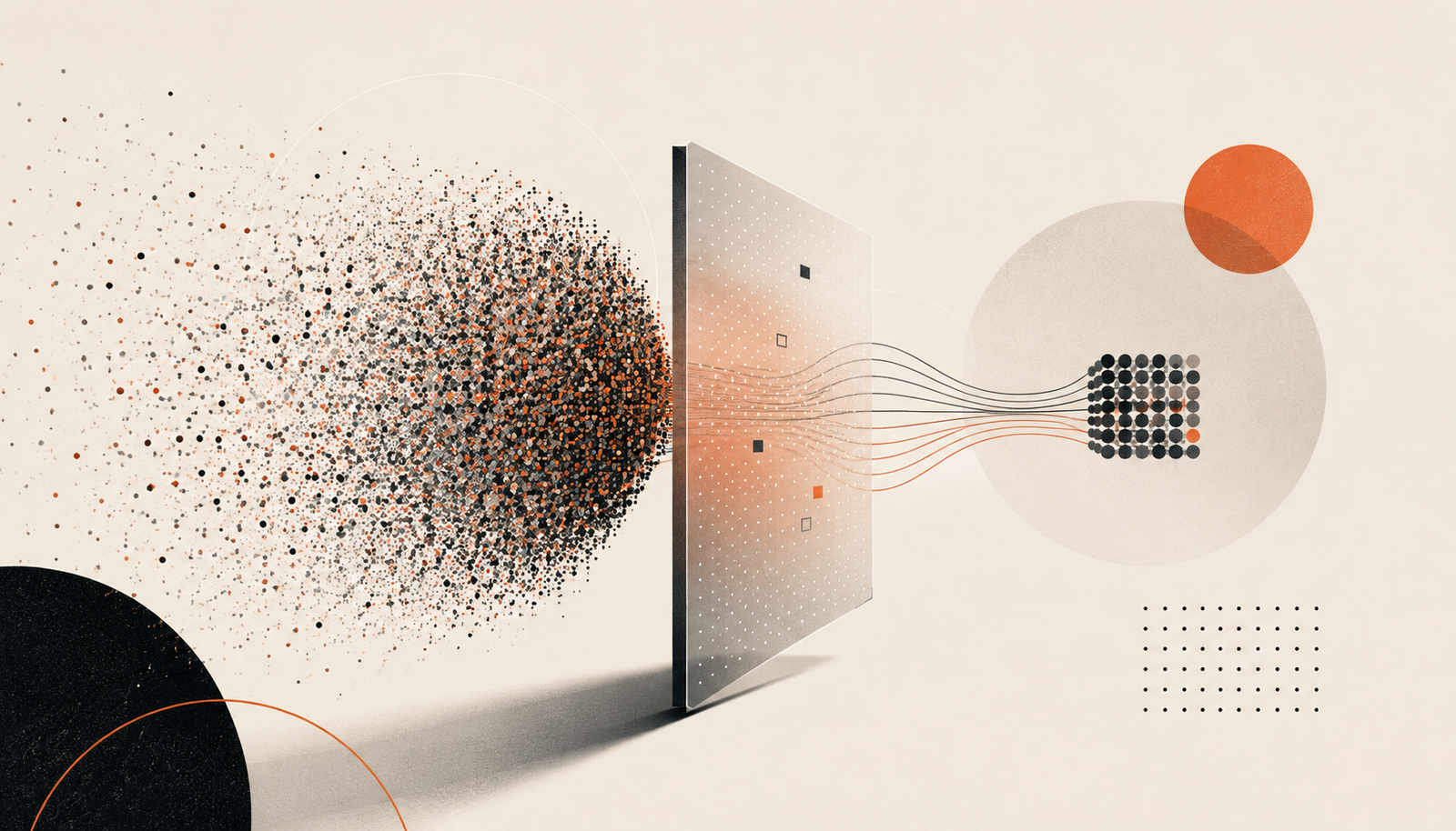 Abstract illustration representing data processing, showing a chaotic cloud of multicolored particles on the left passing through a vertical rectangular filter, transforming into streamlined lines that organize into a neat, structured cube grid of dots on the right against a beige background.