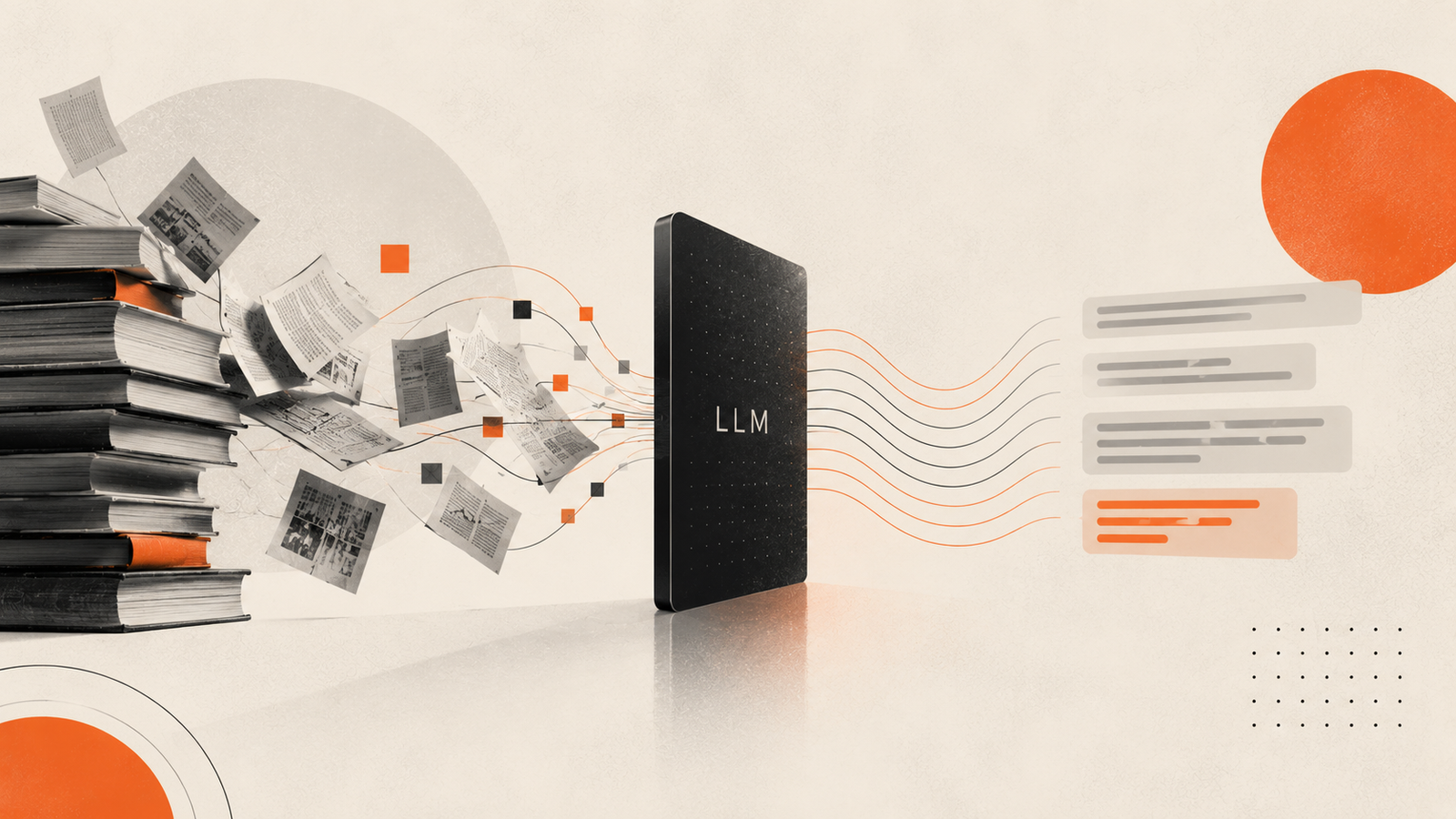 Editorial illustration of an LLM as a black monolith, with books, articles, and papers flowing into it on one side and structured text responses flowing out the other, visualizing how a large language model turns training data into generated text